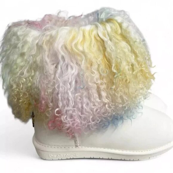 Bearpaw Boo Tie Dye White Shearling Wool Curly Lamb Fur Mongolian Sherpa Boots 9 - Picture 3 of 11